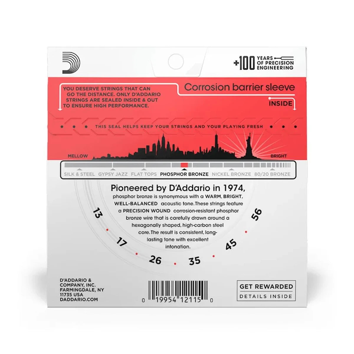 ENCORDADURA D ADDARIO P/GUITARRA ELECTROACUSTICA 013-056, EJ-17
