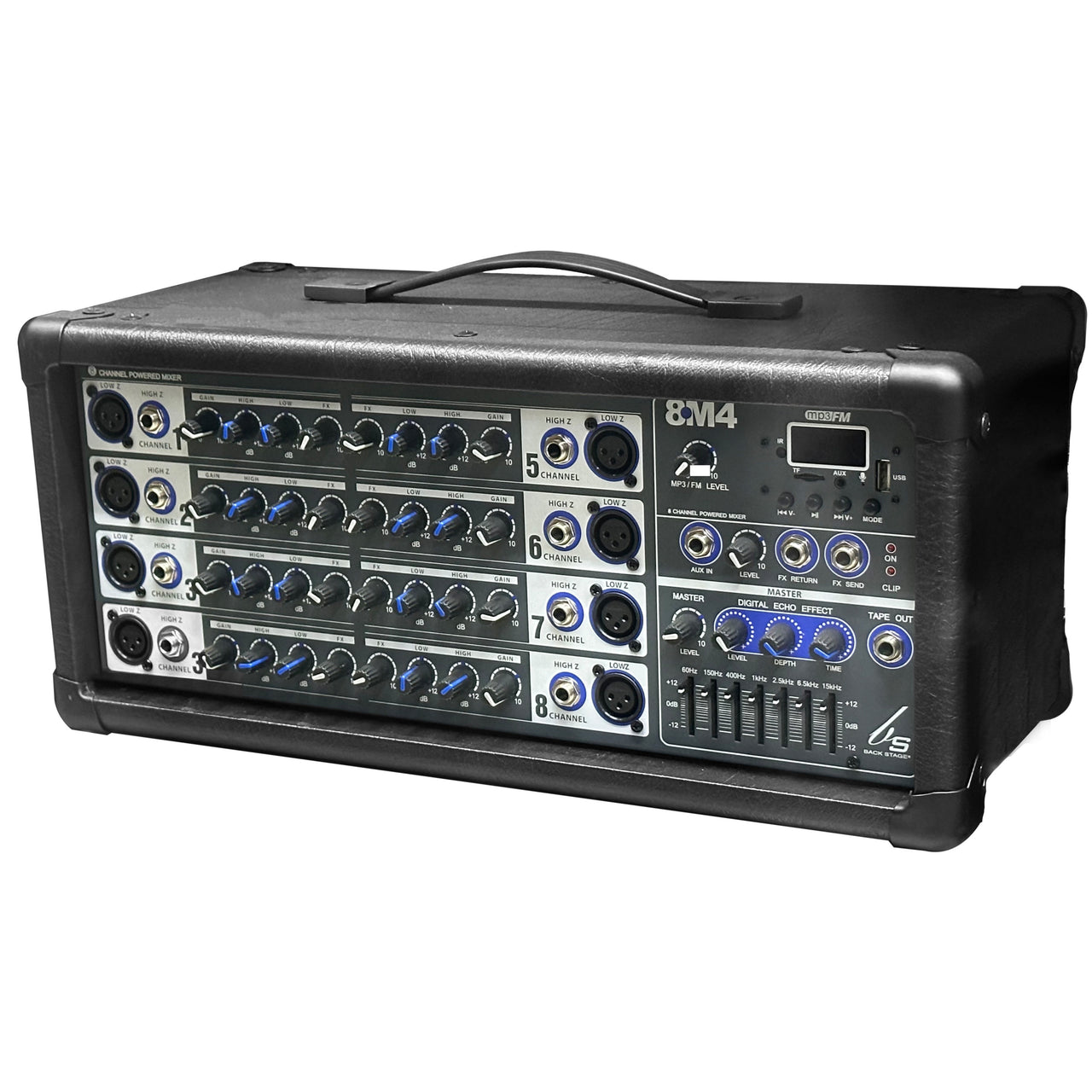 CONSOLA MEZCLADORA BACK STAGE P/MICROFONOS 8 CANALES 400W, 8M4 USB
