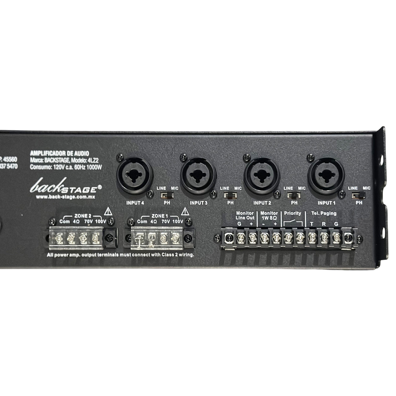 Amplificador Back Stage De Audio 70/100v C/4 Entradas 2 Zonas, 4lz2