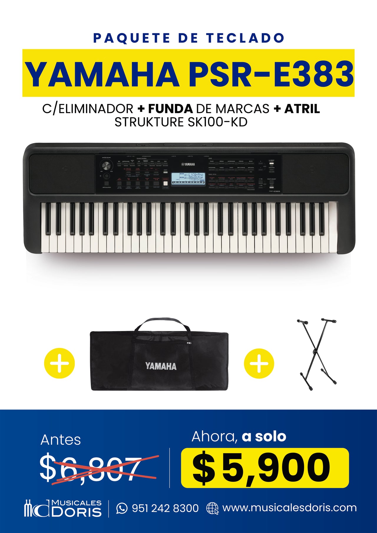 Paquete Teclado Yamaha PSR-E383 Con Accesorios Incluidos