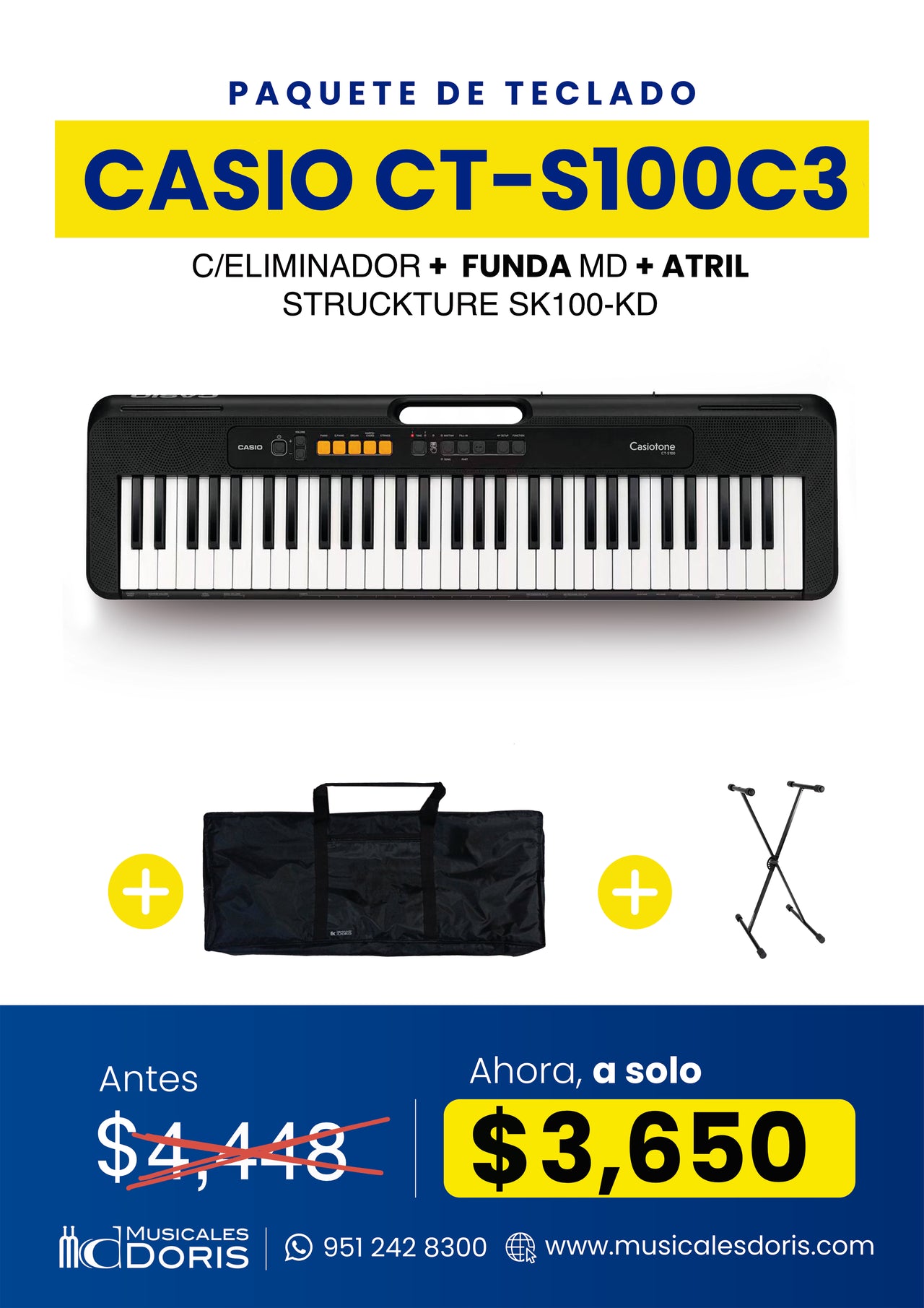 Paquete Teclado Casio Ct-S100c3 Con Accesorios Incluidos