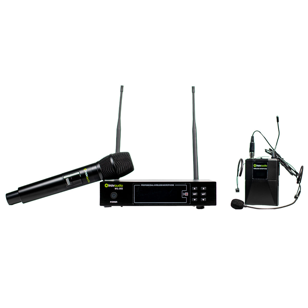 Sistema Inalambrico Inovaudio MIL-202 Receptor Bodypack Microfono de Mano y Diadema