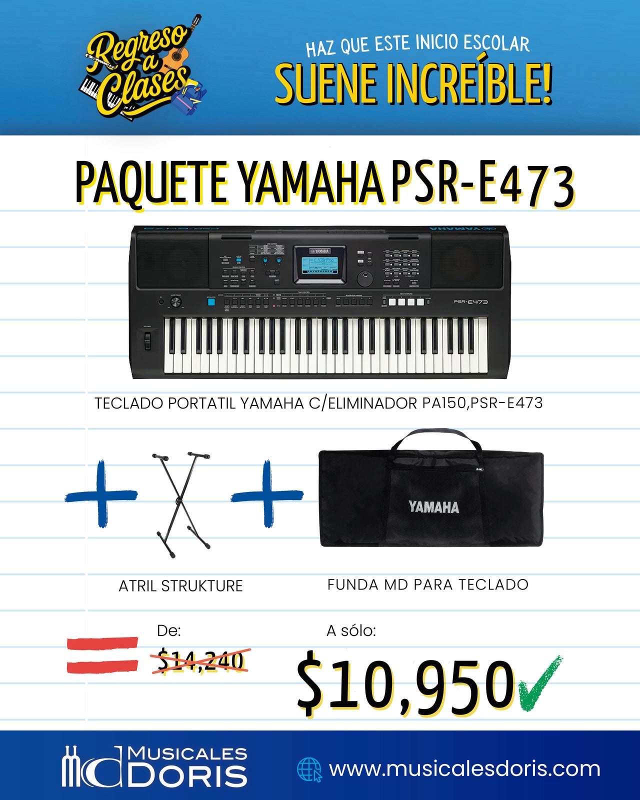 Paquete Teclado Yamaha PSR-E473 con accesorios incluidos