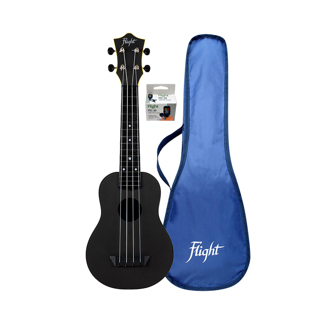 Ukulele Flight Soprano Negro Con funda Y Afinador Tus35 pack blk