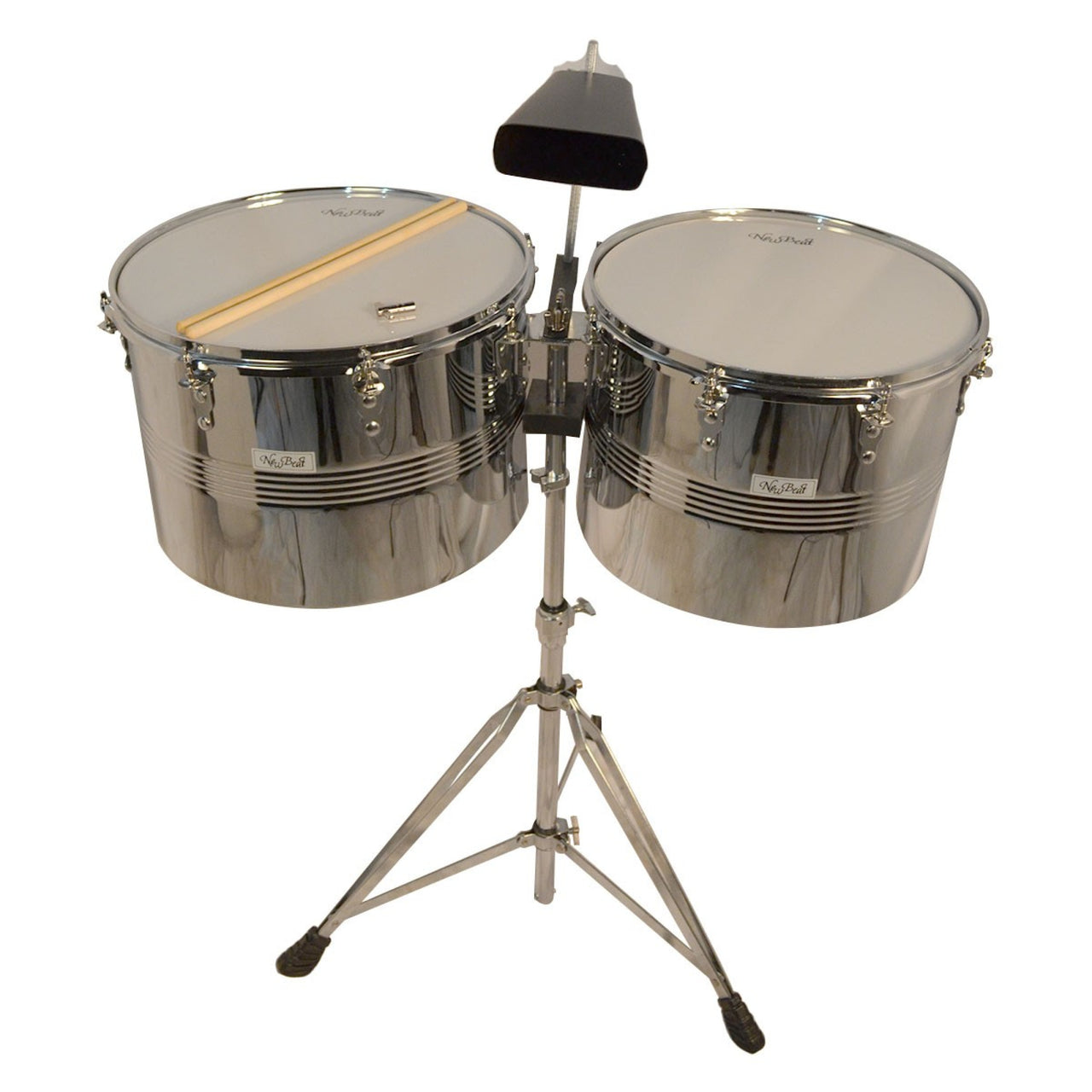 Timbales New Beat Lt-456cd 15 y 16 Pulgadas Cromado Con Cencerro y Baquetas